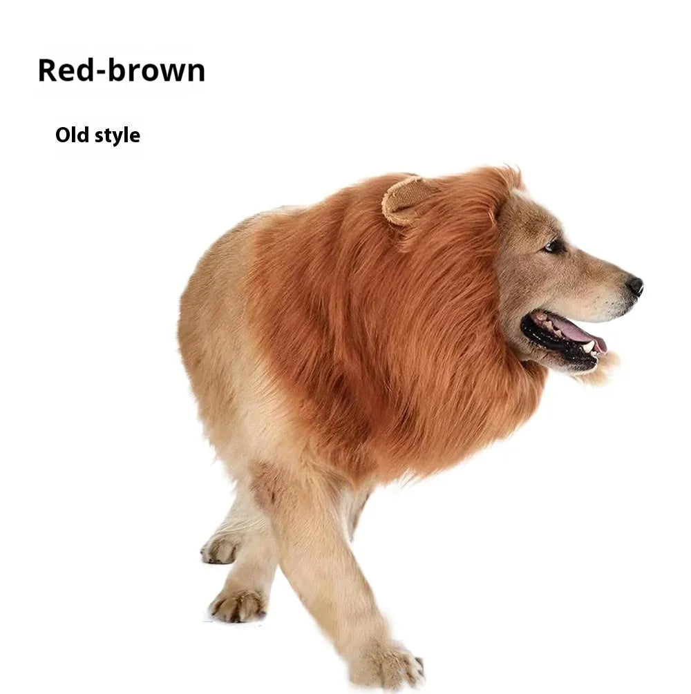 Dog wearing lion head cover in light brown with elastic band adjustment, three sizes S M L