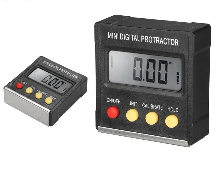 Mini magnetic angle inclinometer with digital display and magnetic base on metal surface
