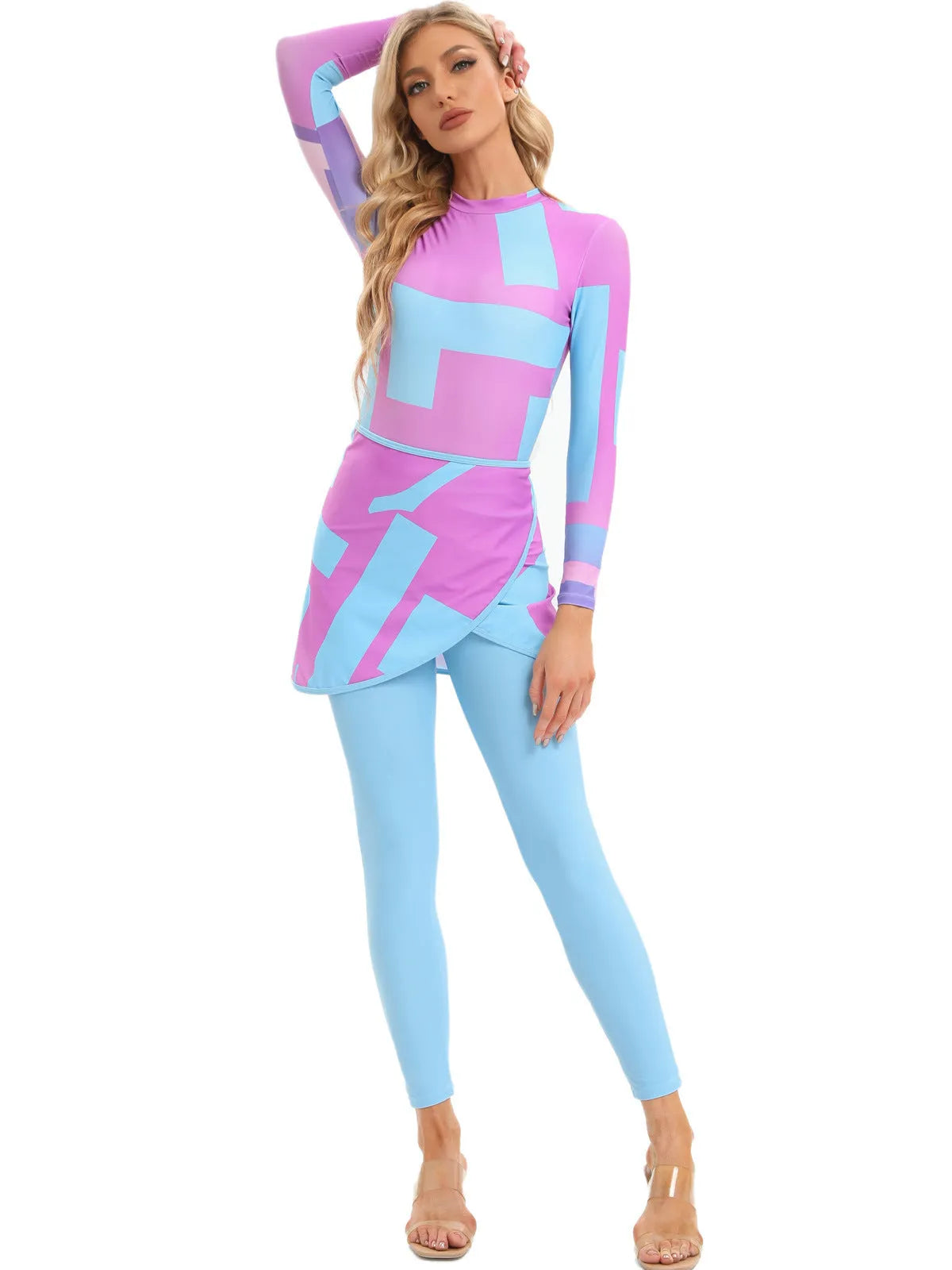 Muslim conservative swimsuit three-piece set with apron in sapphire colour
