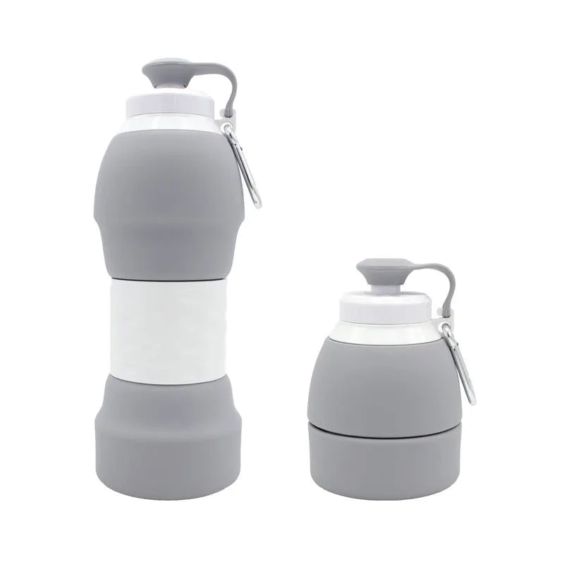 Silicone folding water bottle 580ml in grey, collapsed and full size, food grade portable sport bottle