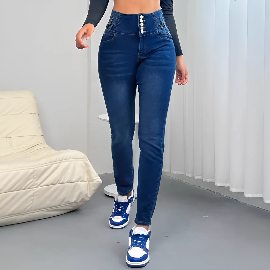 Dark blue women's straight-leg denim trousers with zipper and button detail