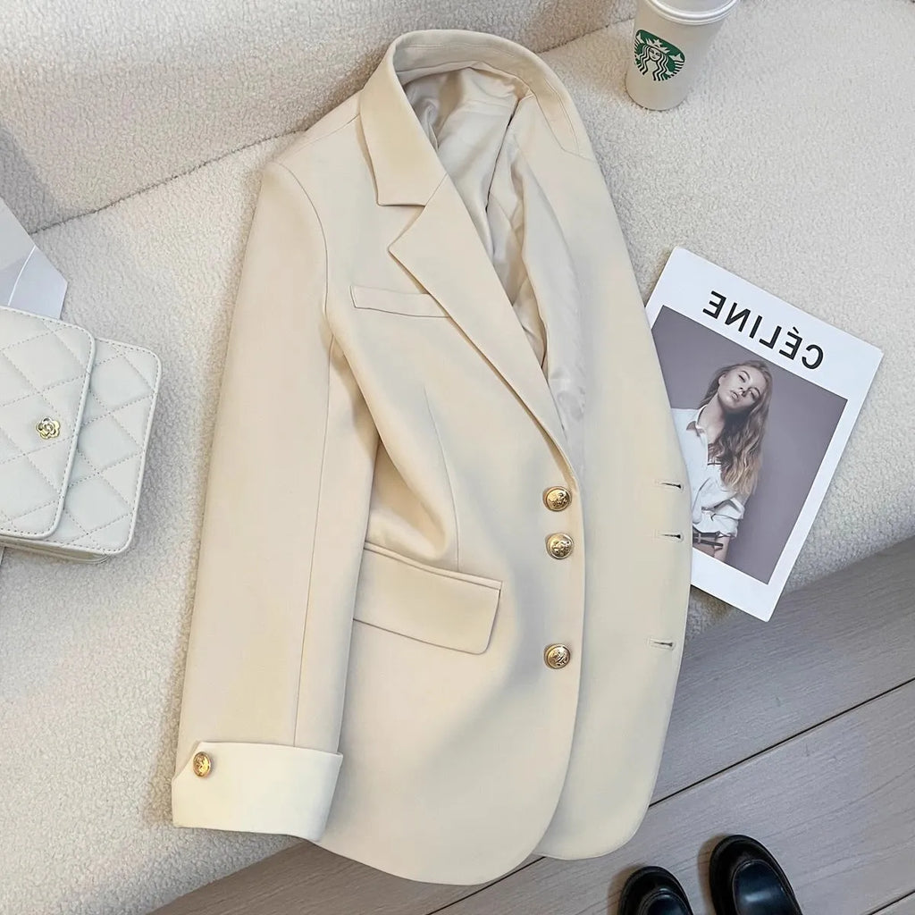Women's milky white loose-fit mid-length polyester coat with pockets, Korean style.