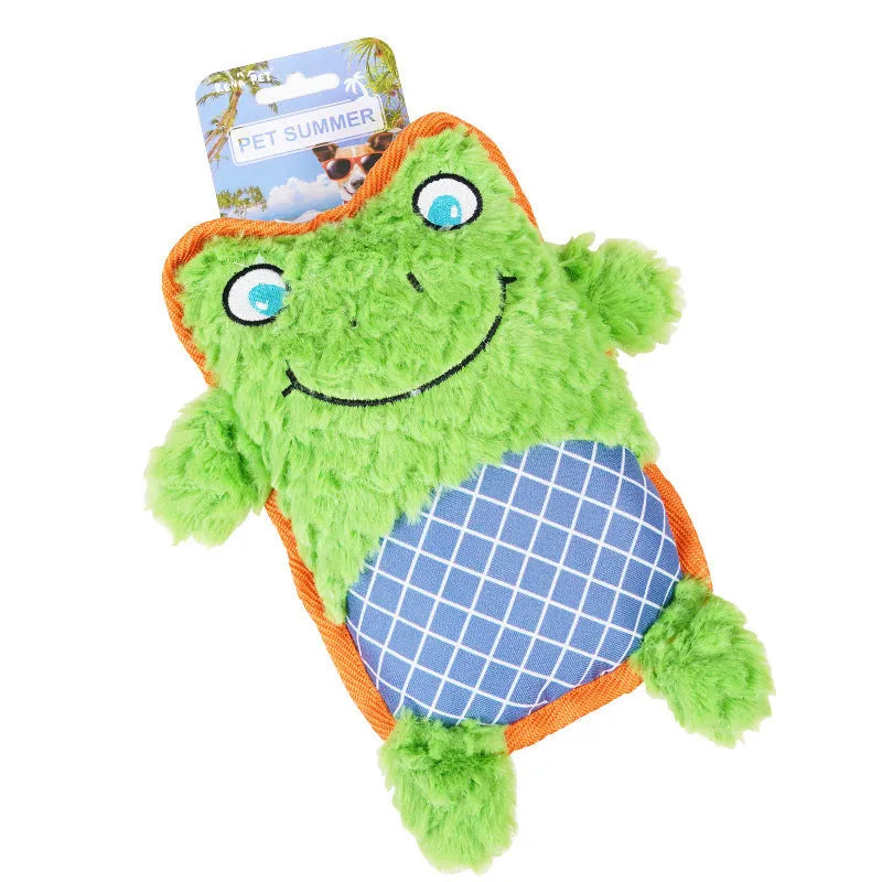 Blue bite resistant plush puppy toy with squeaker on plain background