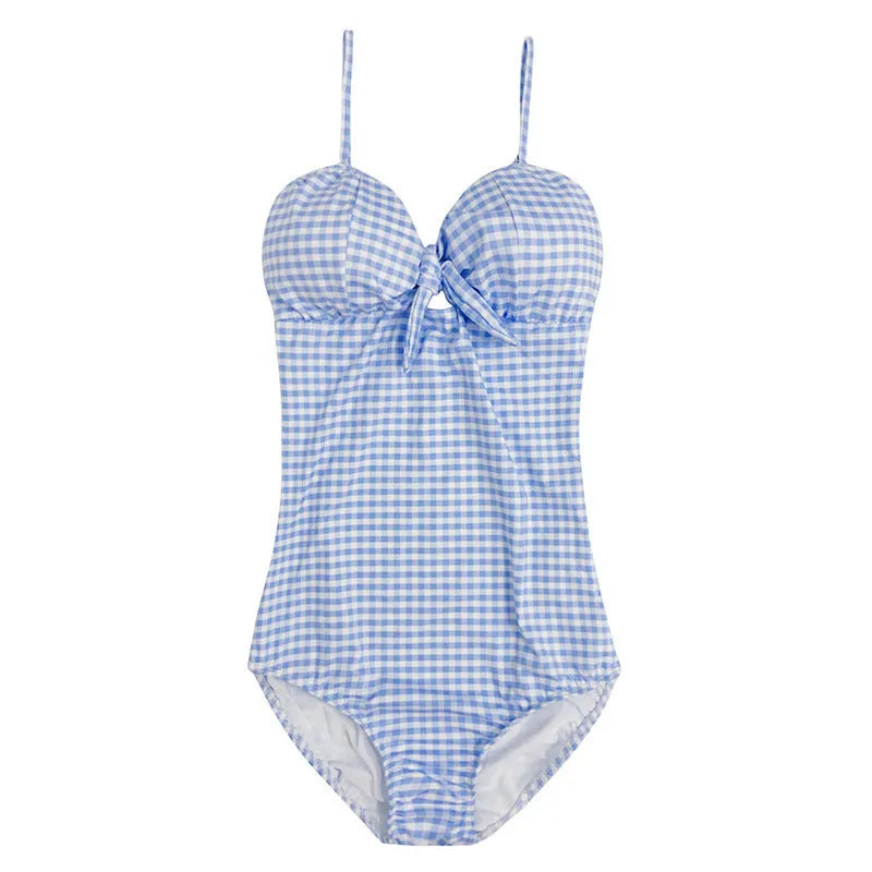 Blue and white plaid women's one-piece swimsuit on mannequin