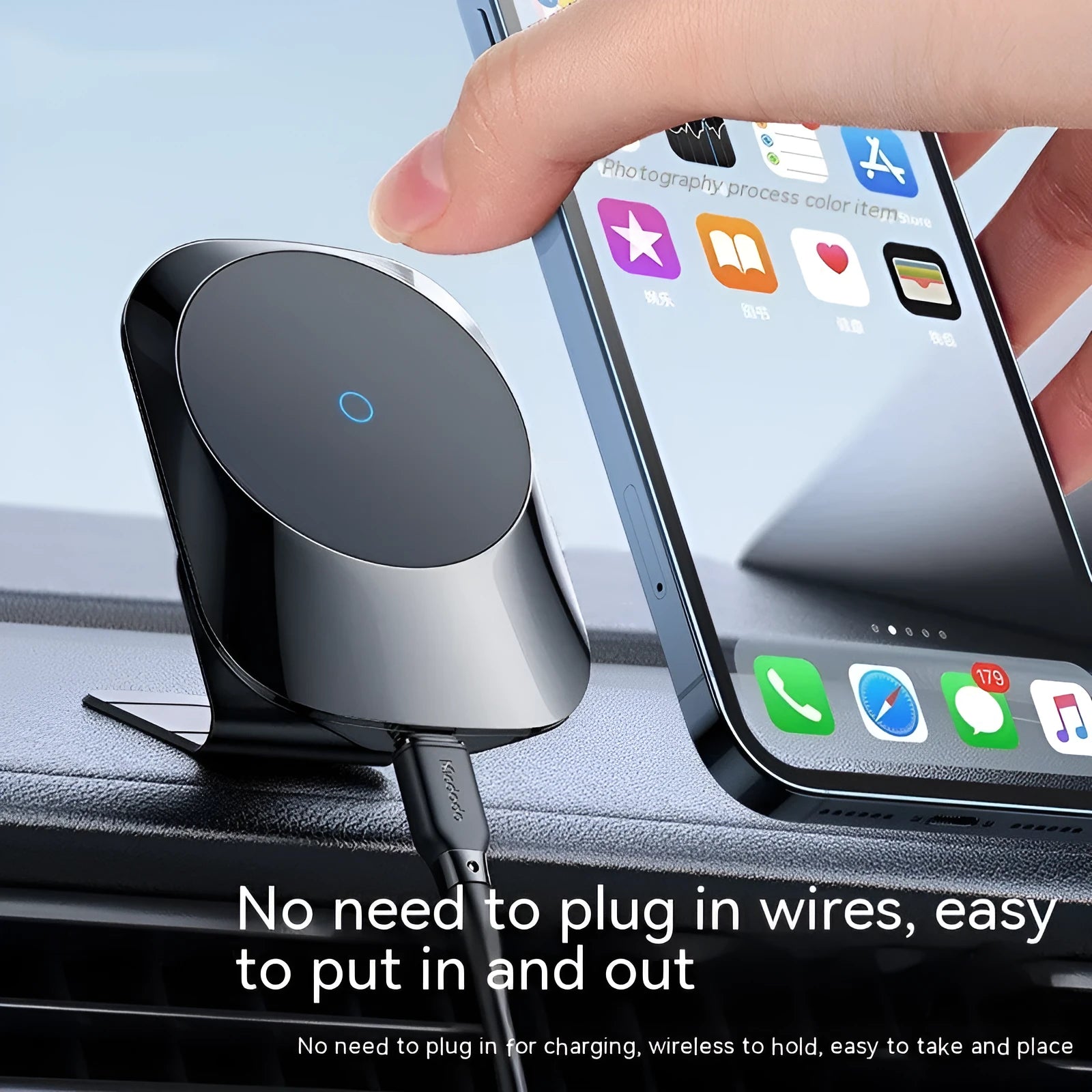Black magnetic car wireless charger mounted on a car air vent, with a smartphone attached, showing included dashboard base and cable.