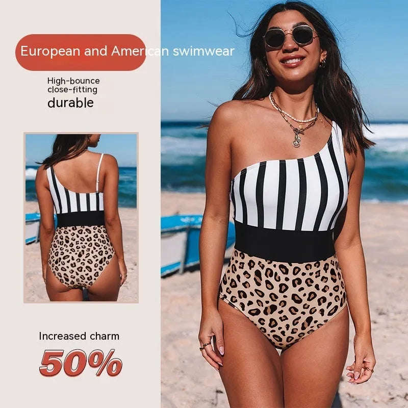 Women's leopard print asymmetric collar high-waist triangle swimsuit laid flat
