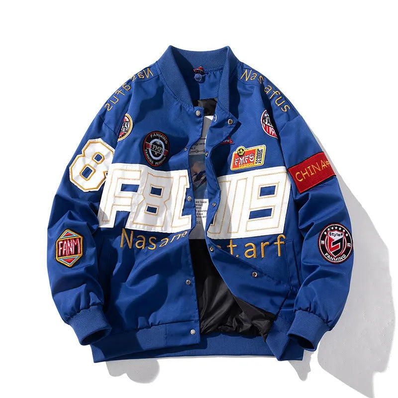 Black American motorcycle-style loose-fit baseball jacket with side seam pocket, shown as part of a couples uniform.