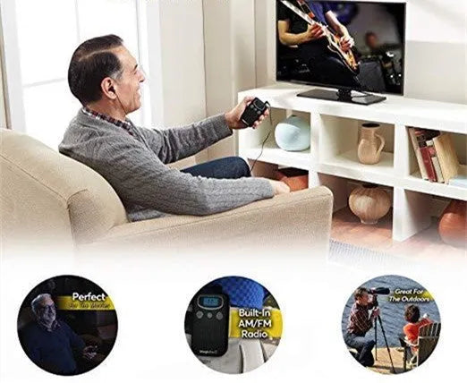Bright-coloured personal voice amplifier with digital display and handheld FM radio design