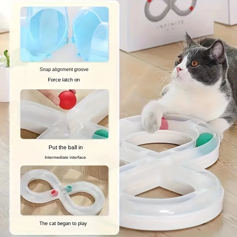 Blue cat turntable toy with rotating ball track and feather teaser wand on floor