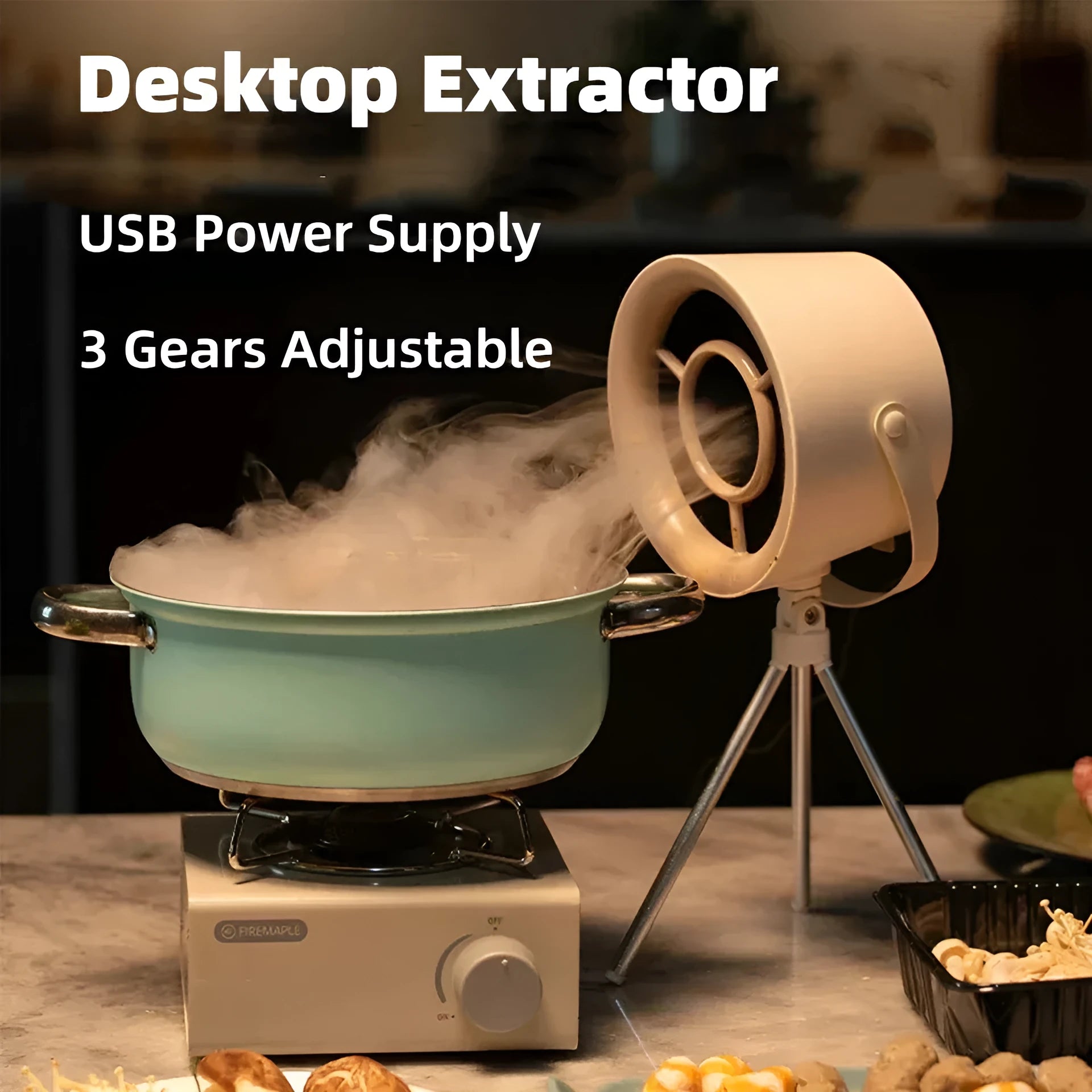 Milky white portable desktop exhaust fan with tripod stand and USB cable