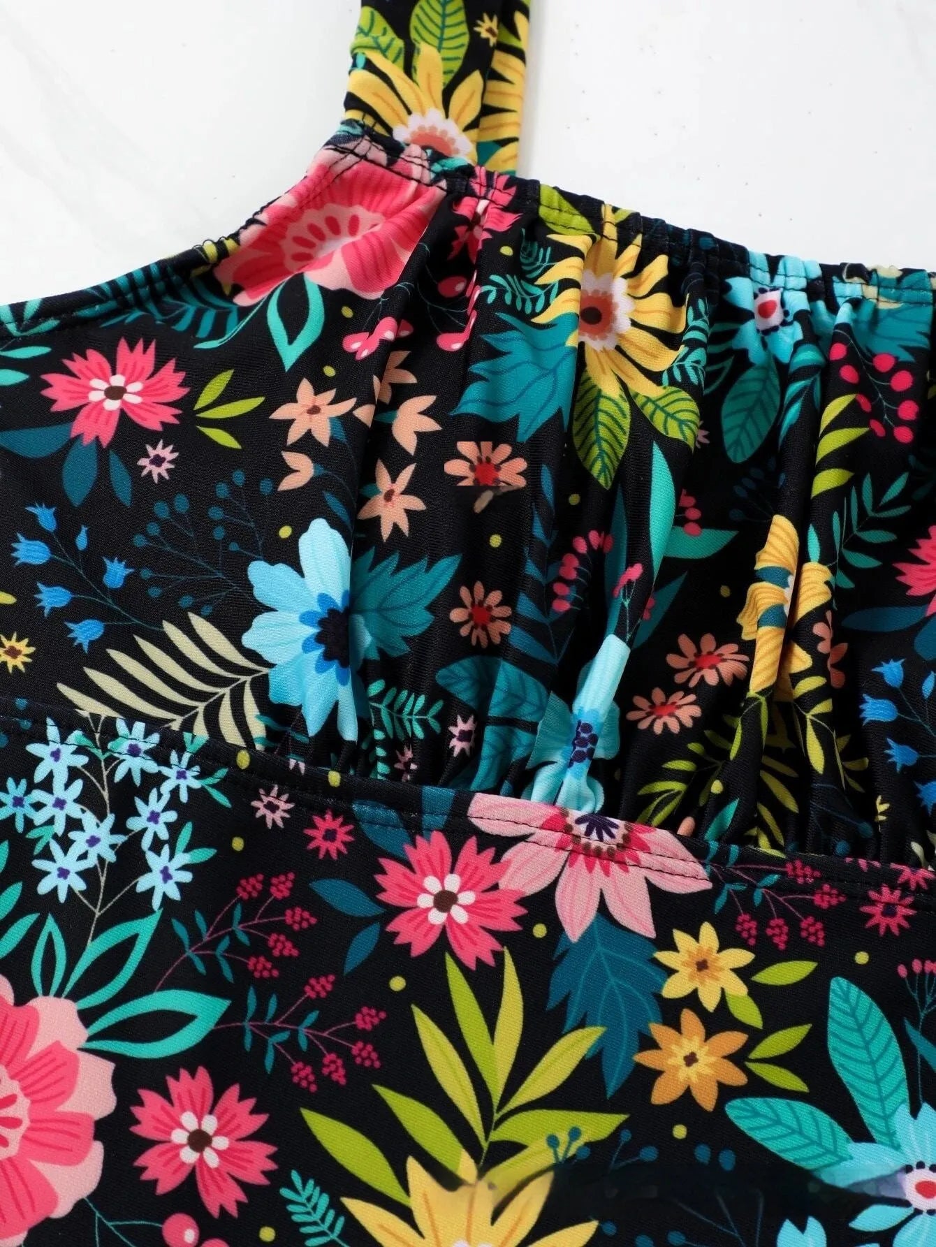 Pastoral style floral print full-bed one-piece swimsuit for women in black polyester fabric