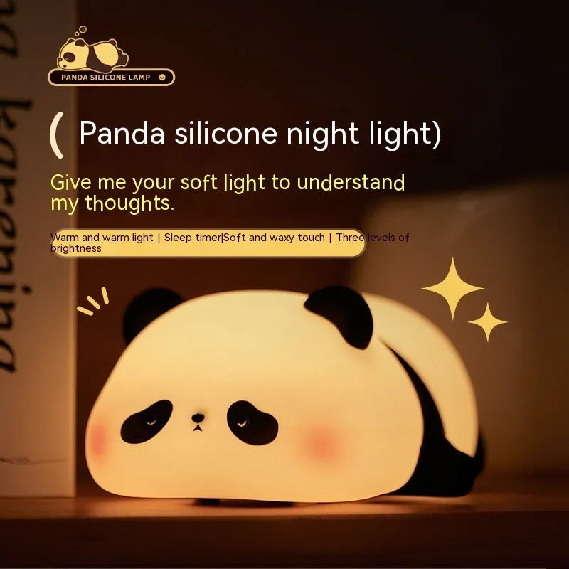 Panda shaped night light with silicone construction showing clap activation feature and USB charging port