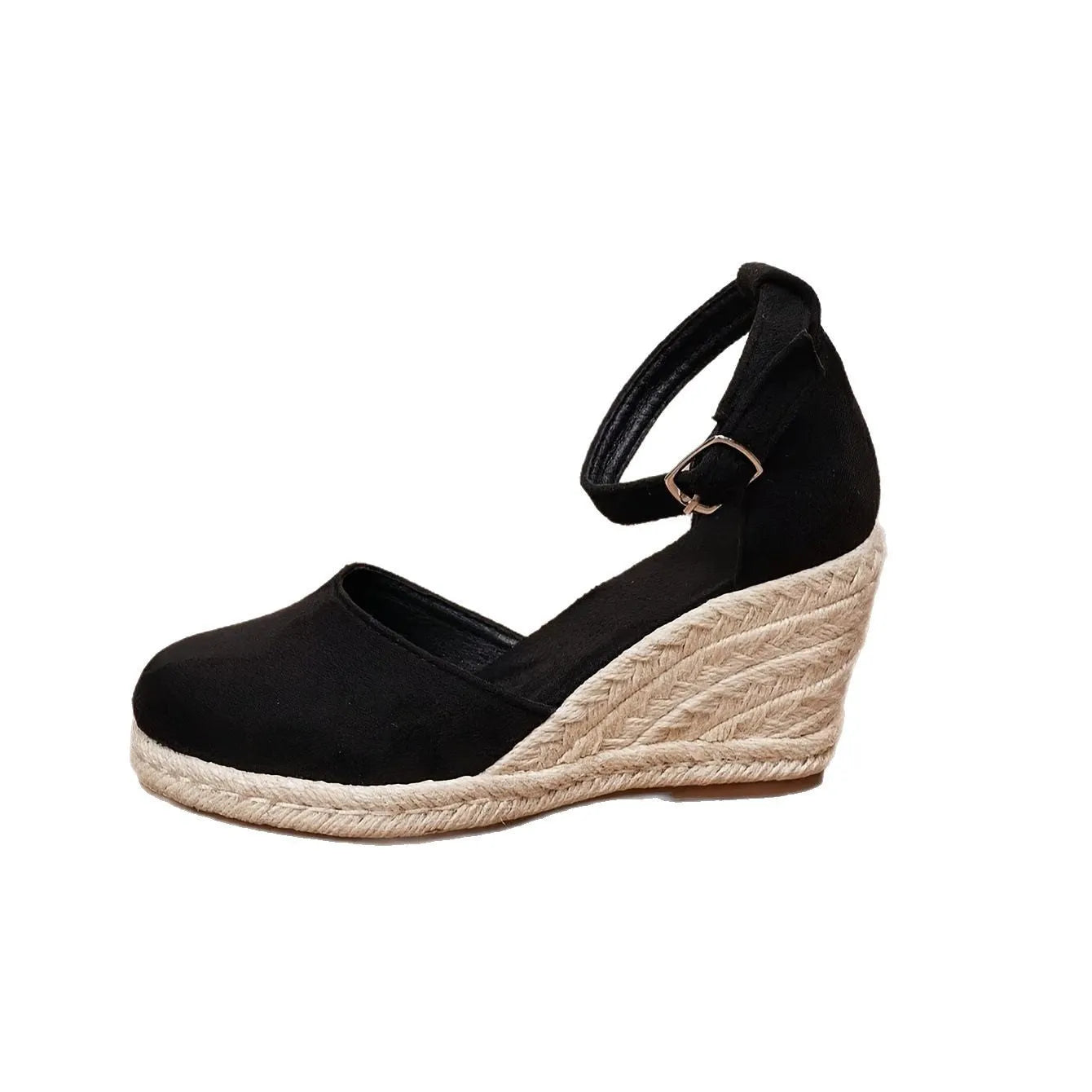 Women's versatile casual canvas wedge sandals in Roman style with buckle closure, suede upper, round toe, in apricot colour