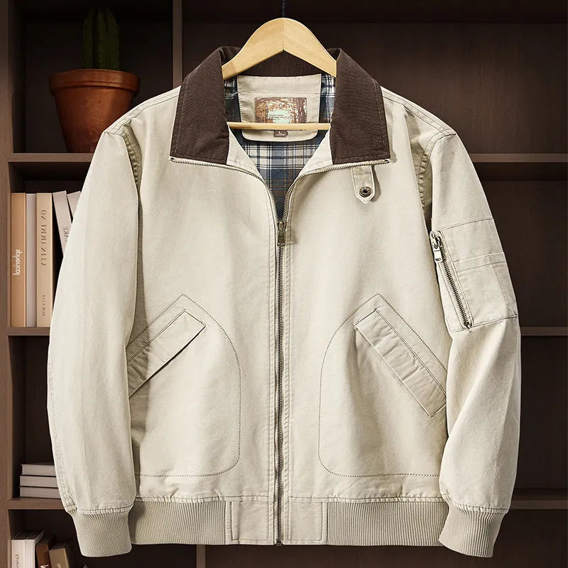 Men's camel washed cotton baseball jacket with a zip front and ribbed cuffs.