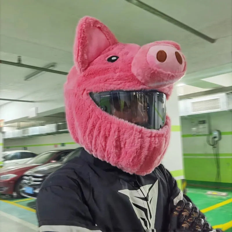Pink pig cartoon design motorcycle helmet protective hood made from soft pv velvet cloth