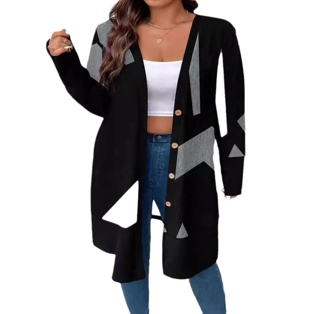 Black plus size cardigan coat with button stitching details and loose casual fit