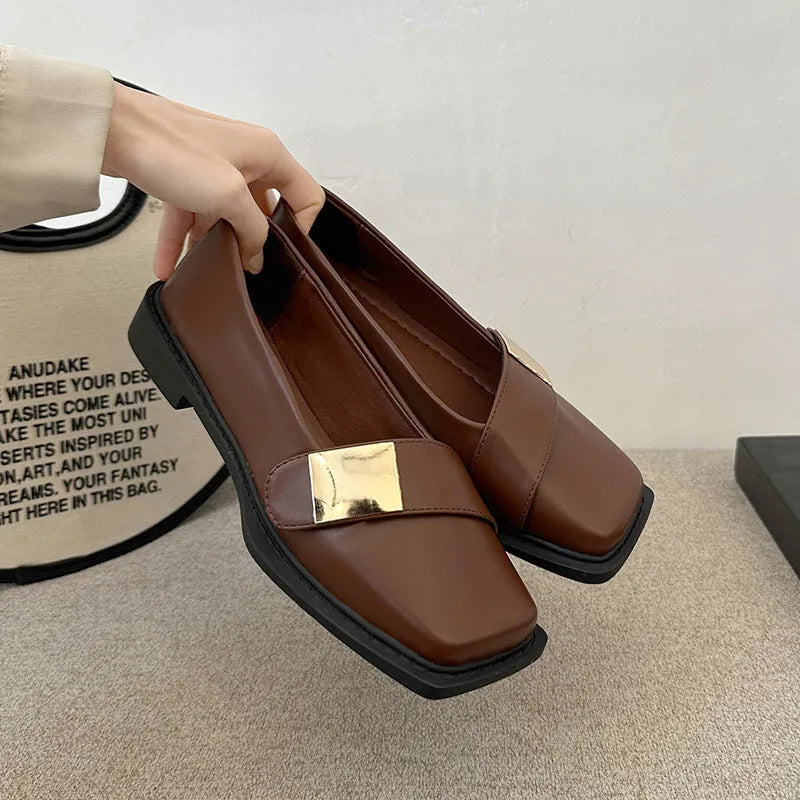 Women's square toe flat-heeled shoes with metal buckle, low heel 1-3cm, artificial leather upper, beige colour