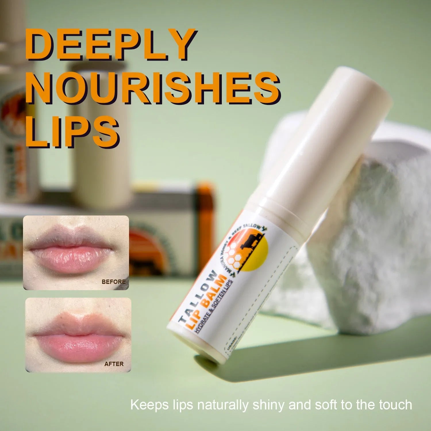 Tallow lip balm in a dark plastic tube with a silver cap, 5g size, on a plain background