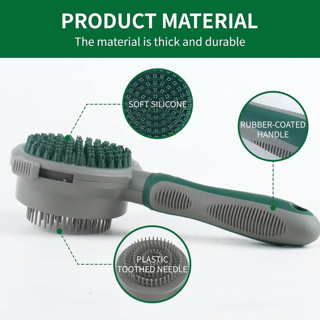 Green dual-sided pet grooming brush showing retractable slicker brush on one side and silicone massage head on other side