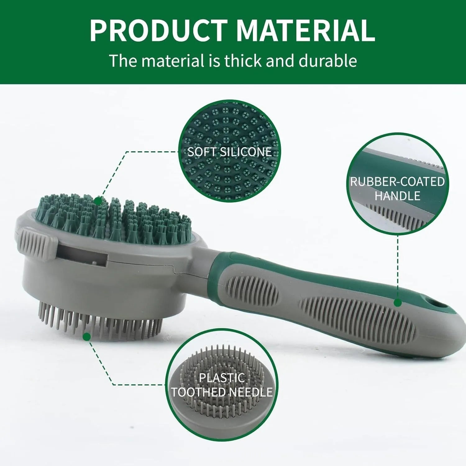 Green dual-sided pet grooming brush showing retractable slicker brush on one side and silicone massage head on other side