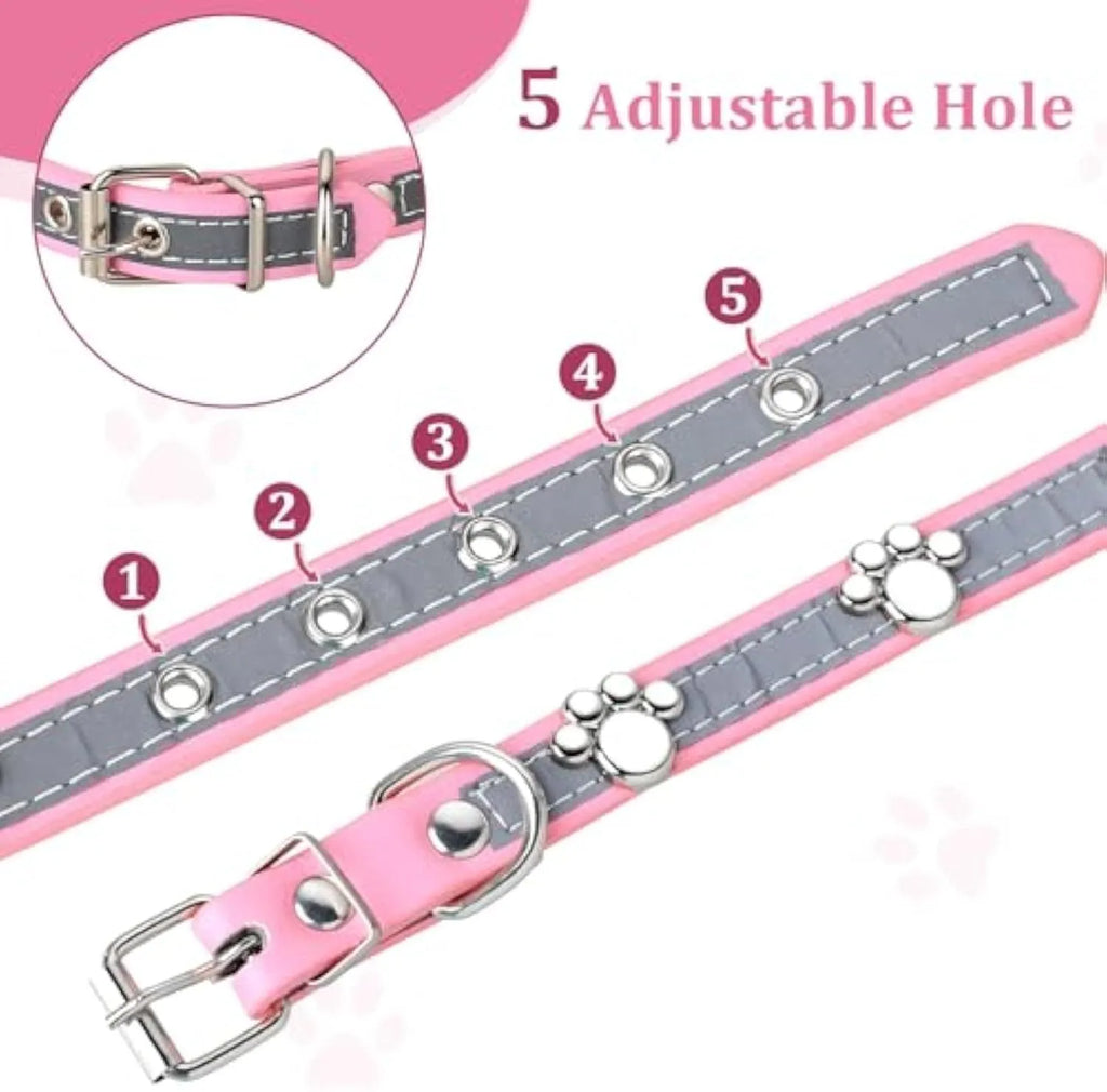 Reflective adjustable dog collar made of brown PU leather with a metal buckle and paw-shaped rivets.