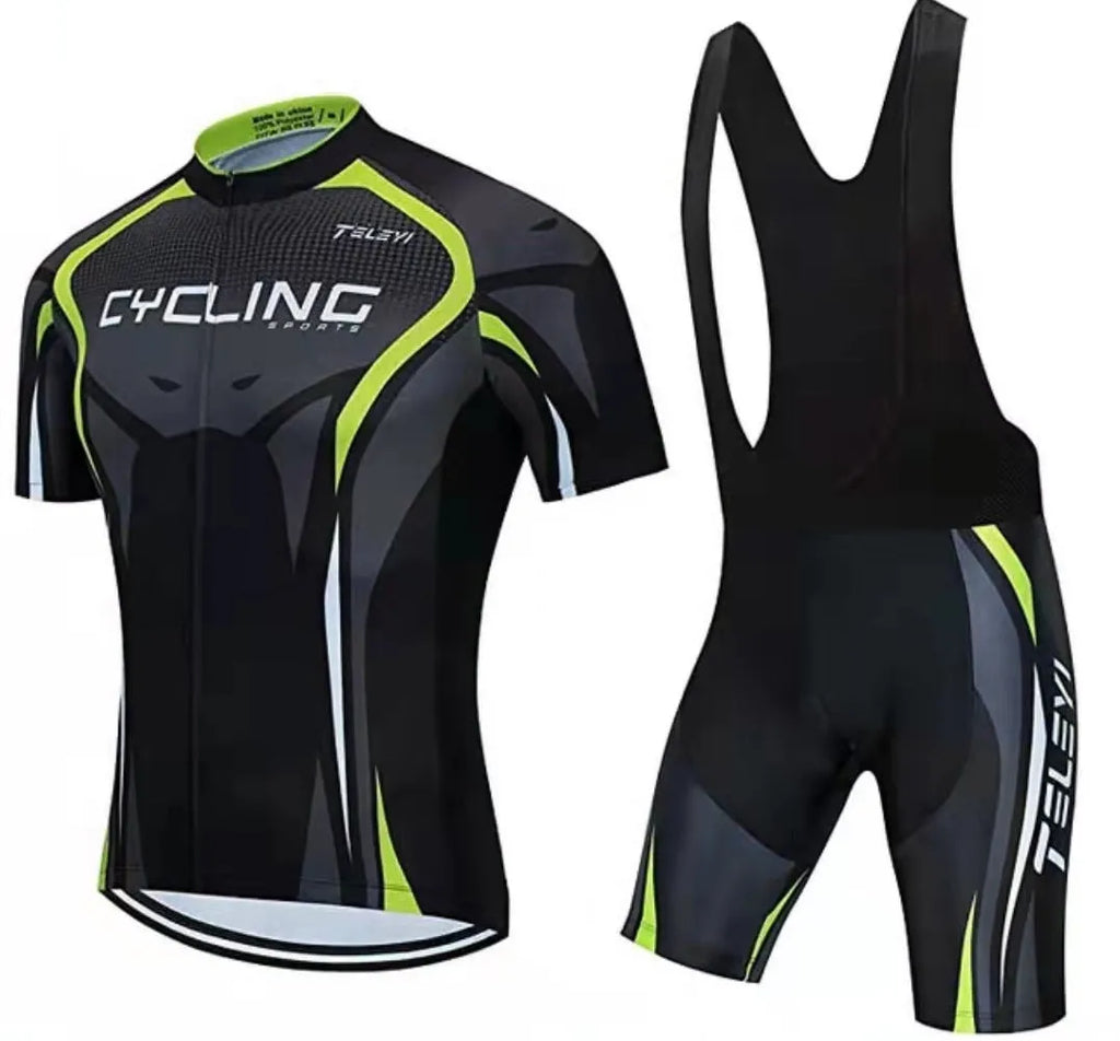 A man and woman wearing a matching moisture-wicking cycling jersey and shorts set for summer biking.