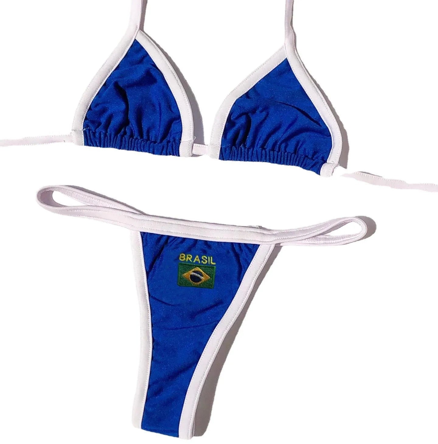 Yellow women's bikini set with T-back bra and shorts on a white background.