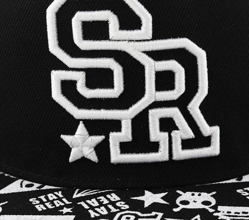 Cotton baseball cap with embroidered letters in black colour showing adjustable strap and dome crown