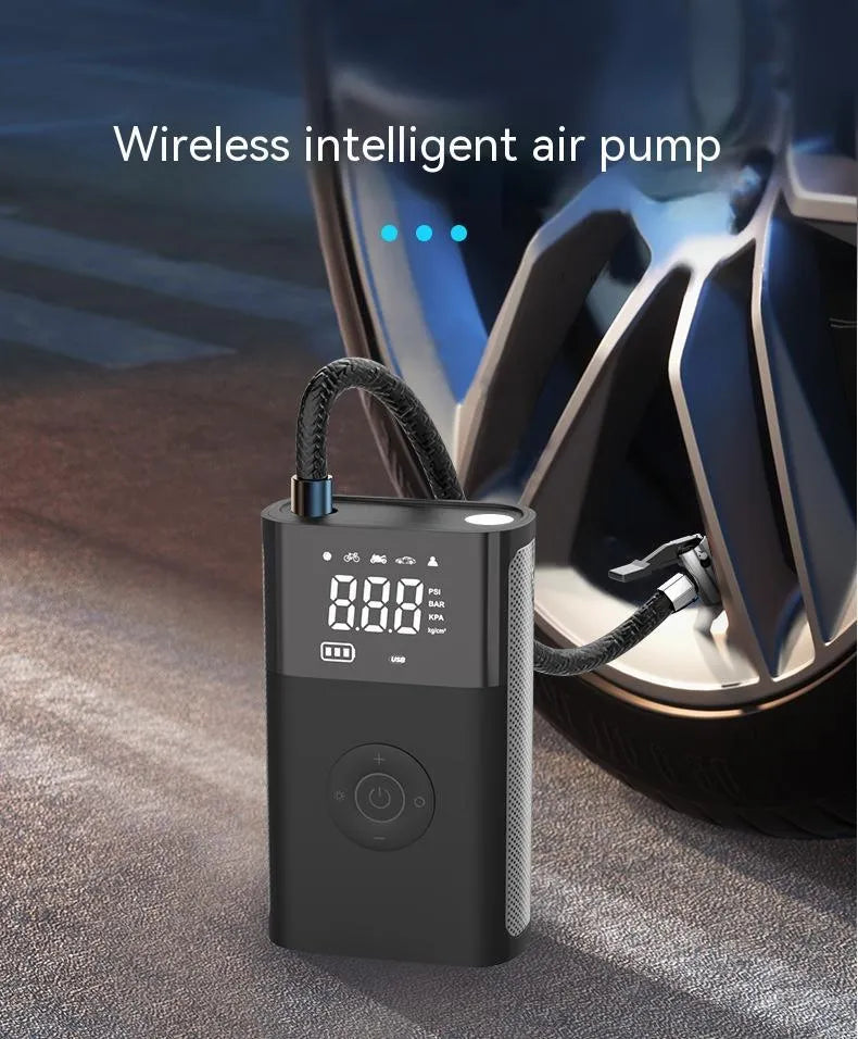 Wireless digital handheld tyre inflator pump with LCD display and multiple adapter attachments