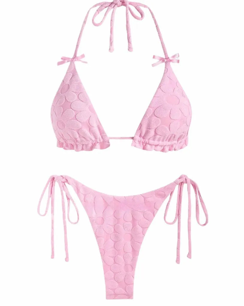 Women's bikini set in solid colour with backless strappy top and high elasticity fabric, available in multiple shades