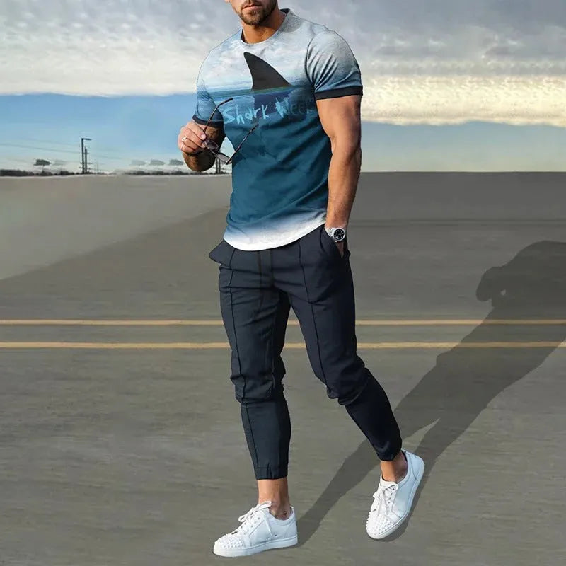 Men's thin short sleeve round neck pullover and matching trousers set in a solid colour