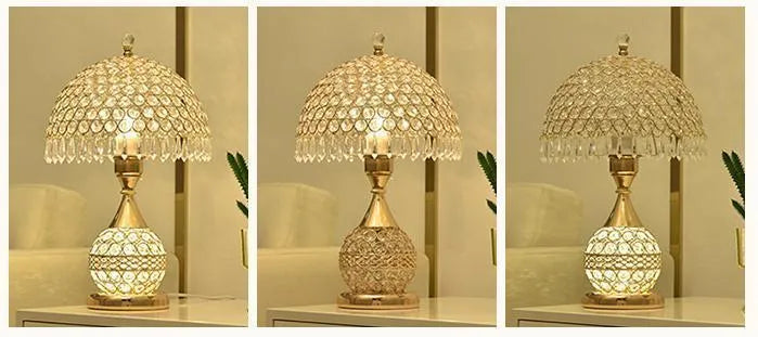 Gold crystal desk lamp with remote control and dimming switch on a bedside table