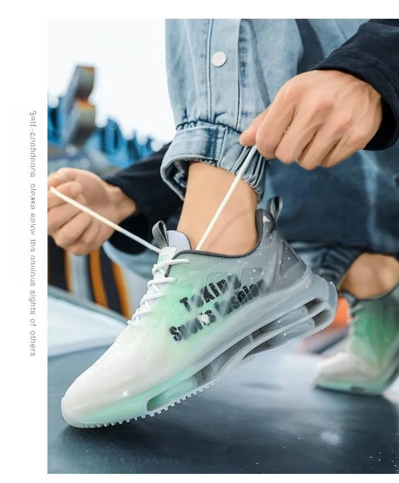 Men's casual platform running shoes in black-green colour with mesh upper and rubber sole