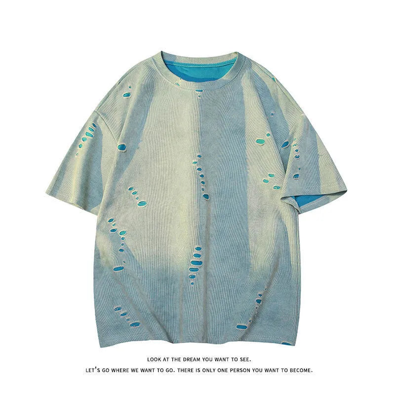Men's American leisure ripped short sleeve cotton blend top in blue with loose pullover fit