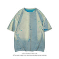 Men's American leisure ripped short sleeve cotton blend top in blue with loose pullover fit