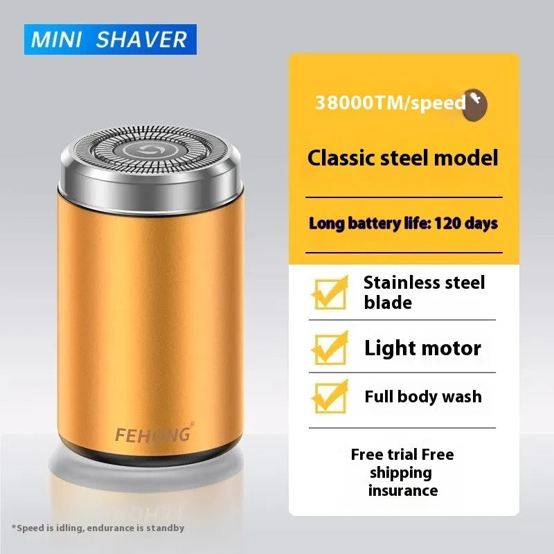 Mini fully washable portable men's electric shaver with six-leaf blade and brushless motor in black finish