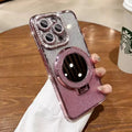 Gradient glitter TPU phone case with fold-out mirror bracket for iPhone, showing reflective electroplated finish