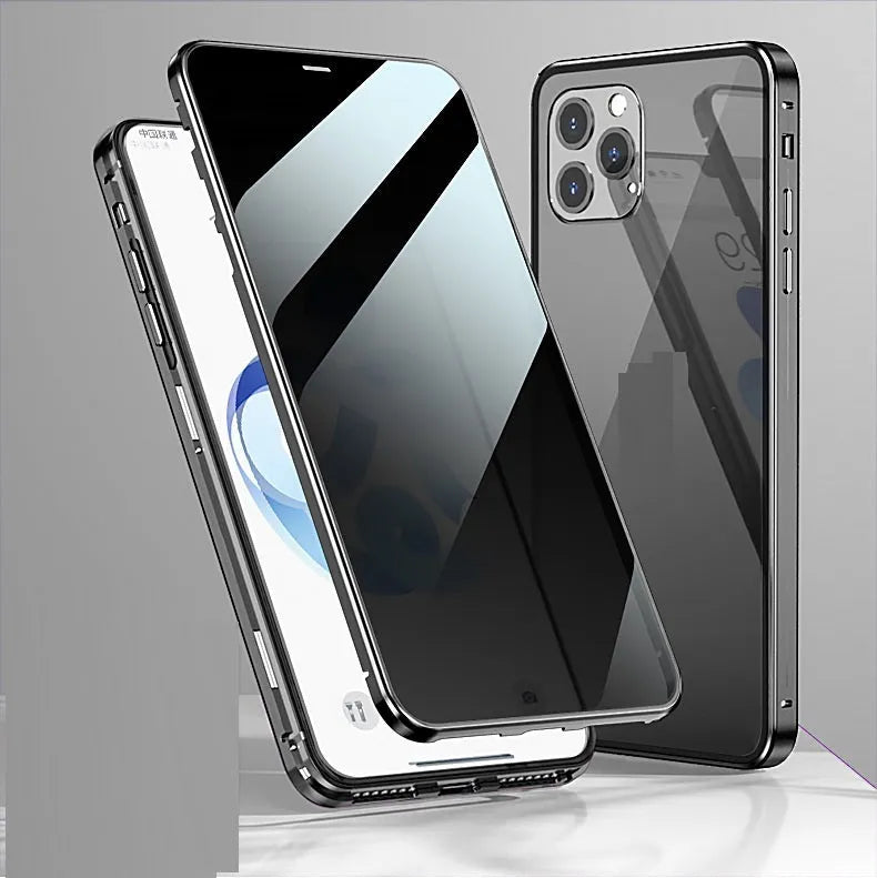 Double-sided tempered glass magnetic phone case for iPhone with anti-spy privacy screen, metal frame, seven colour options