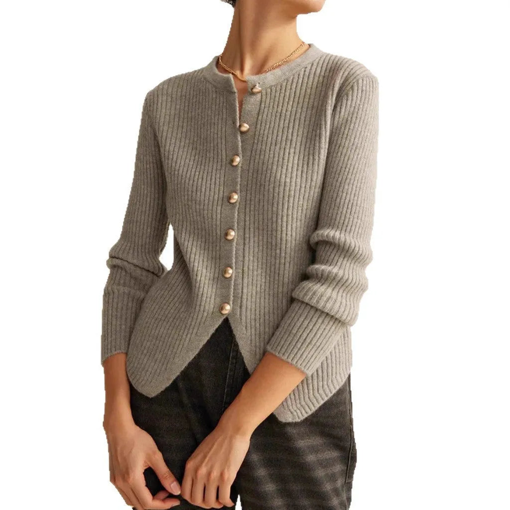 Womens loose fit solid colour cardigan sweater in Silver, autumn winter style, round collar, Bejirog fabric, shown on model