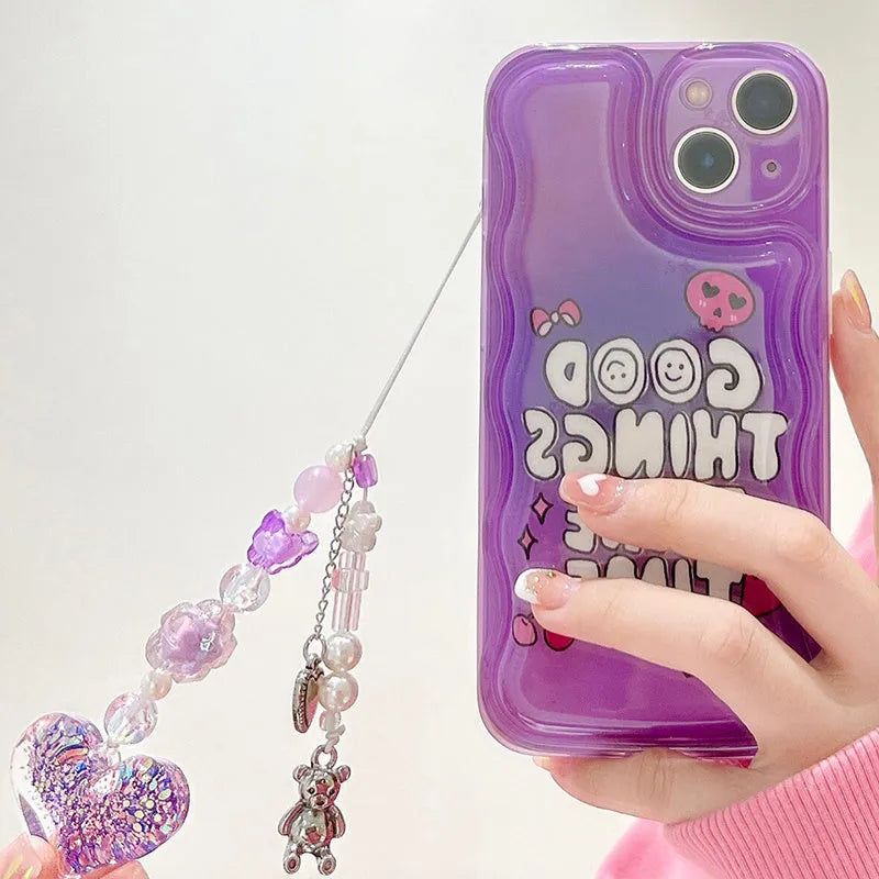 Purple graffiti English love chain phone case with pendant for iPhone 14, TPU soft shell full edge coverage