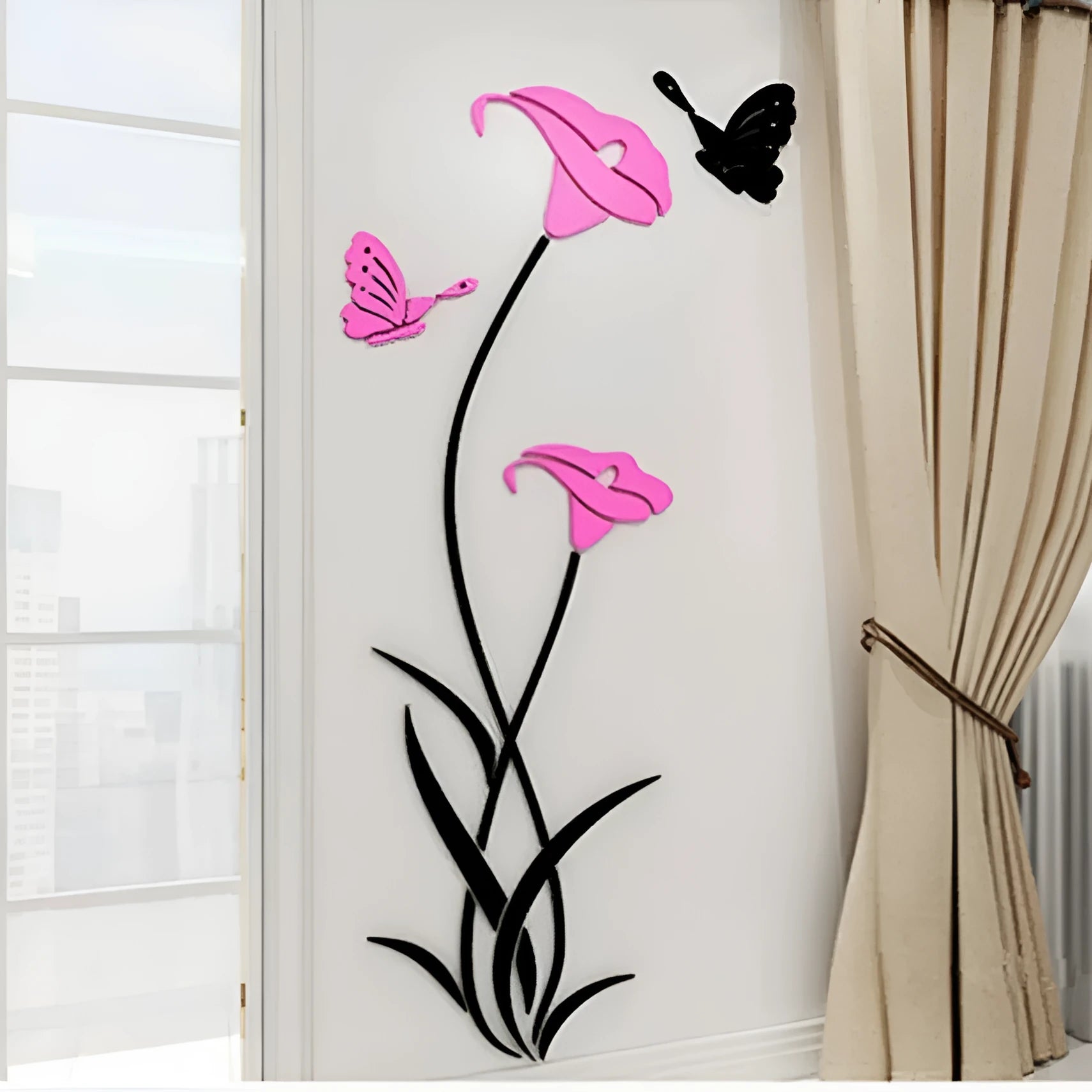 Transparent acrylic 3D wall sticker showing light-catching dimensional effect in pink colour option