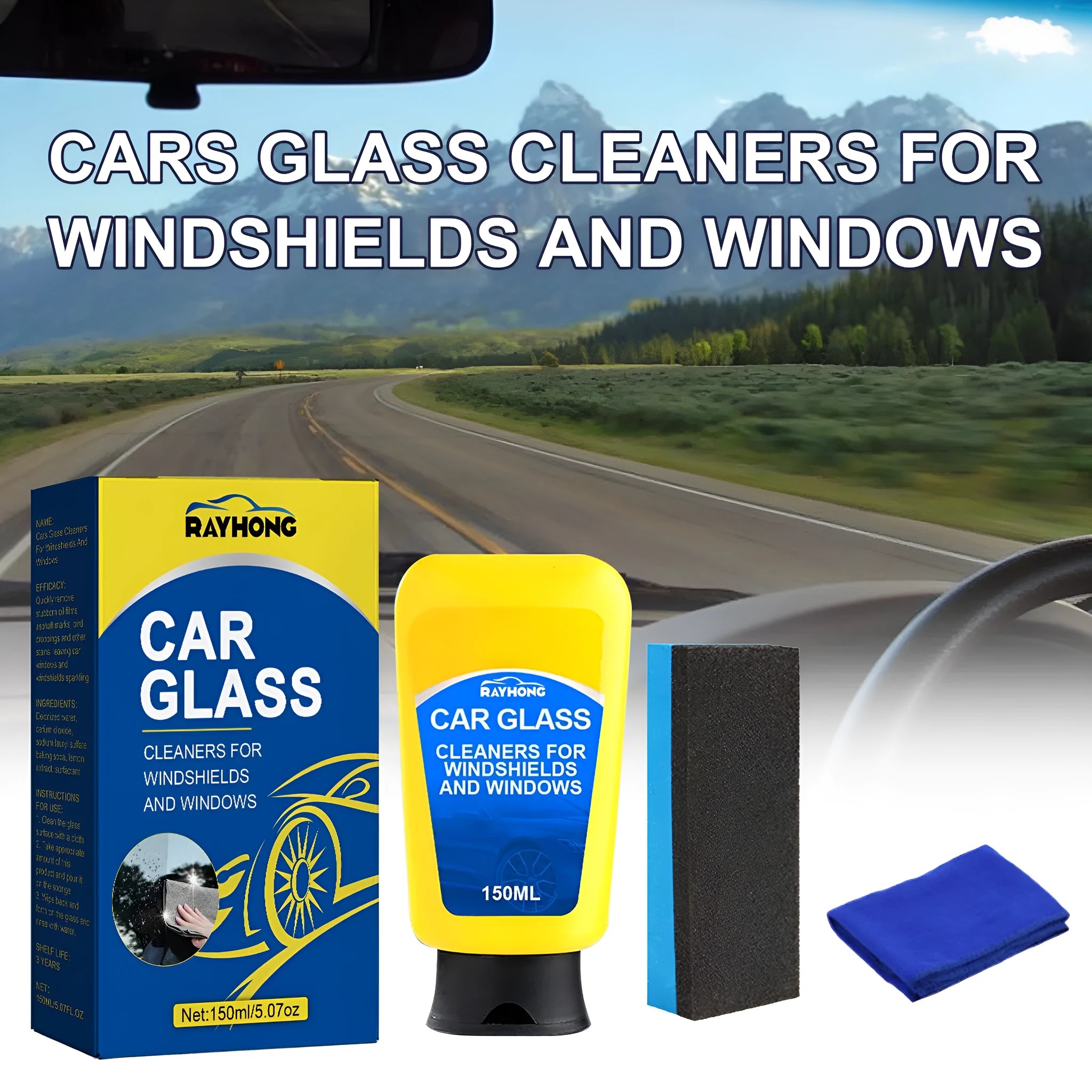 Windshield automotive detergent 150ml with sponge and cloth for car glass cleaning