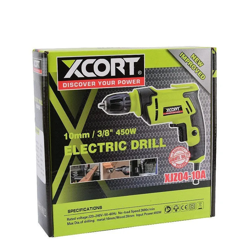 450W pistol-grip electric hand drill with a 10mm chuck on a workbench.