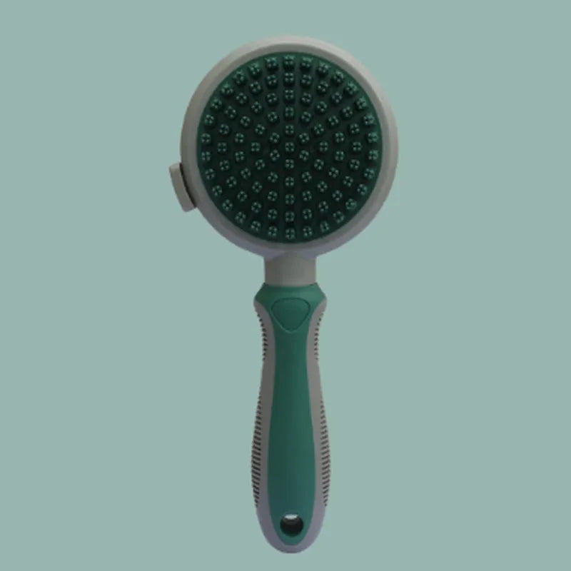 Green dual-sided pet grooming brush showing retractable slicker brush on one side and silicone massage head on other side