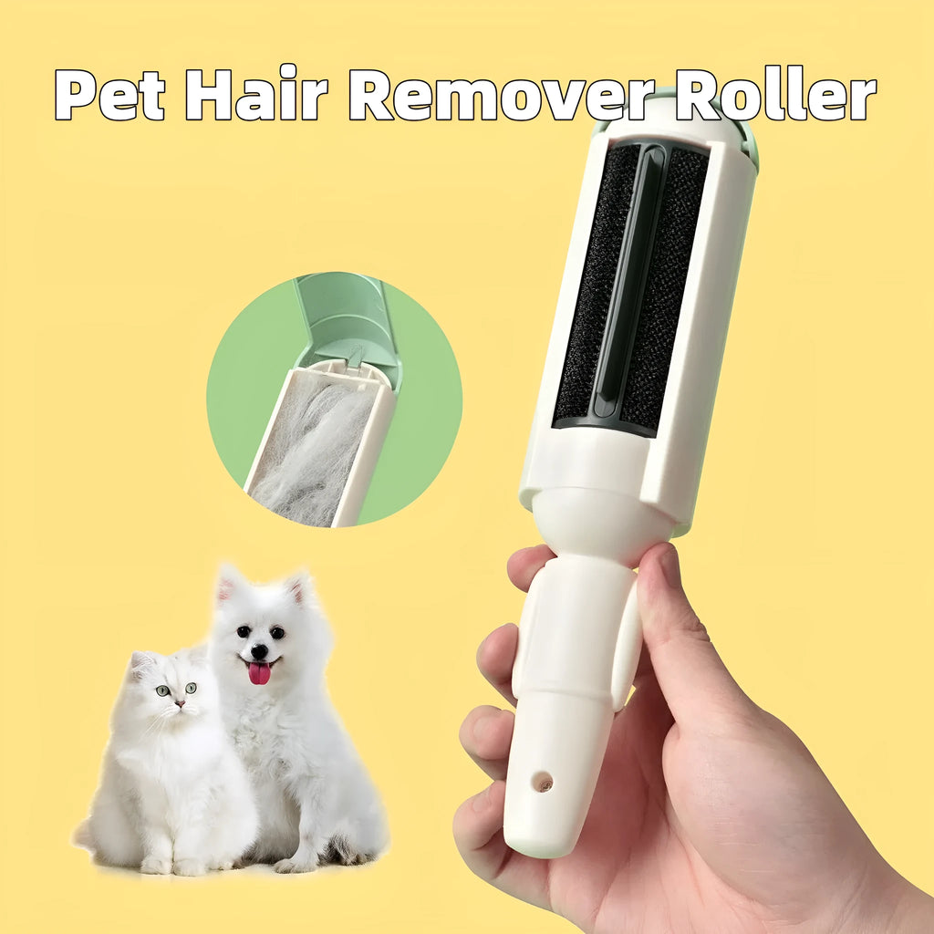 Pet hair remover roller with self-cleaning base, white and green, on a couch