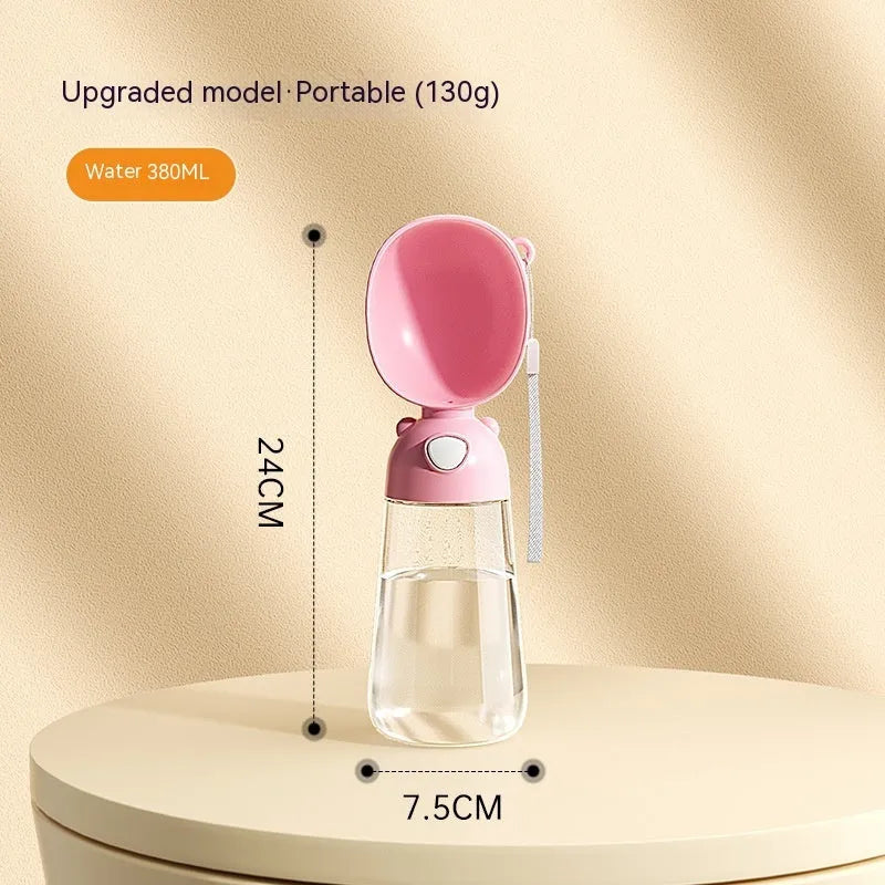 Portable dog water bottle and food container in yellow, pink, or brown colours for outdoor travel