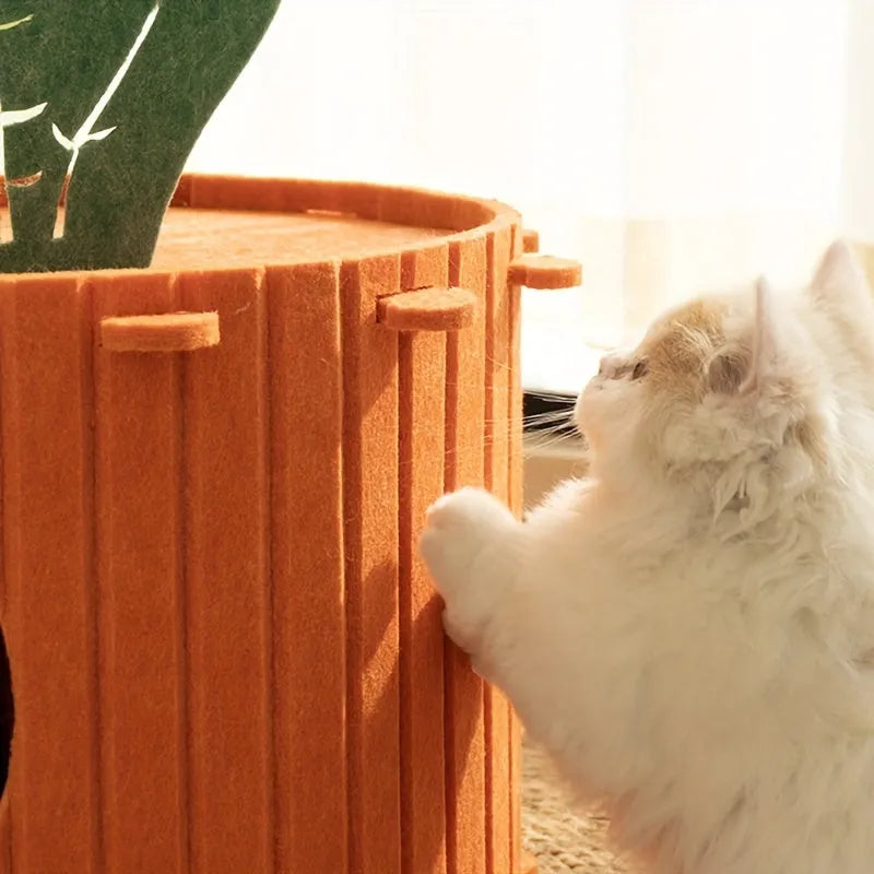 Grey thick felt semi-enclosed cat tunnel nest bed showing its drilled entrance and soft interior.