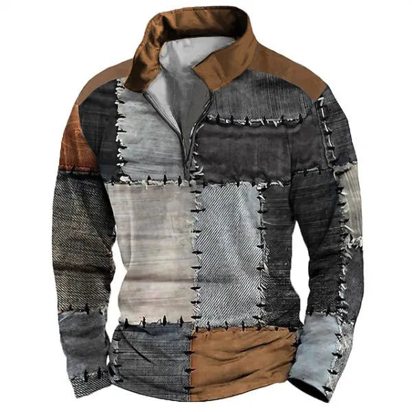 Man wearing a loose-fit long sleeve t-shirt with retro colour block printing and a decorative zipper detail.