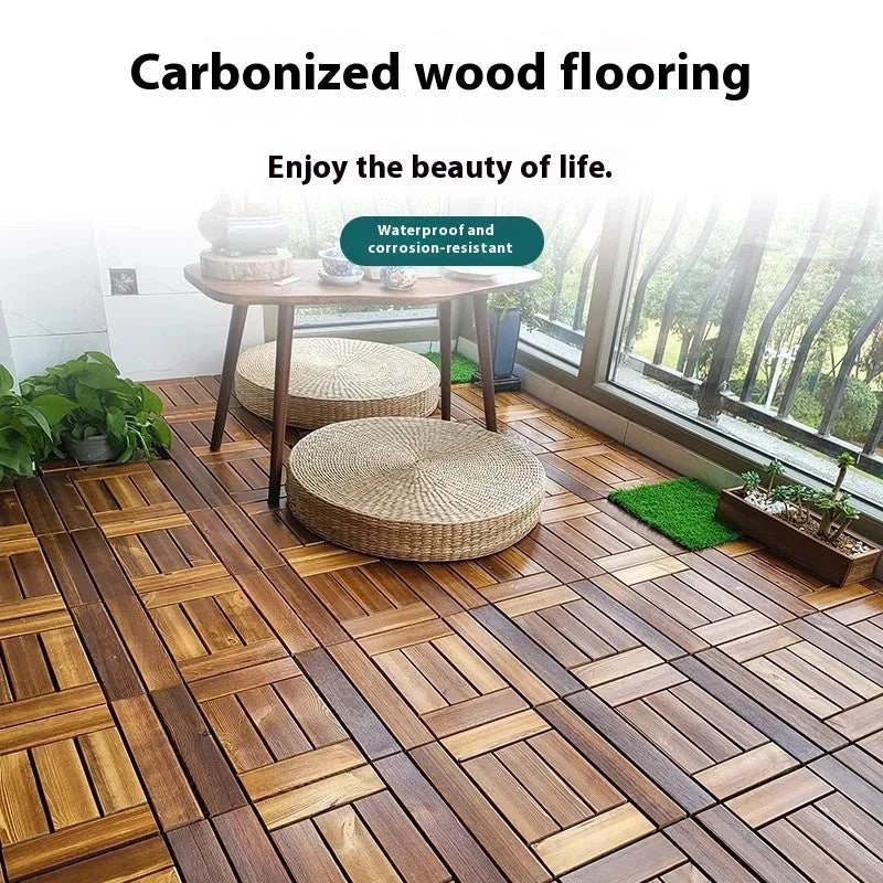 30x30cm camphor pine wood floor tiles with interlocking edges for balcony and indoor-outdoor use