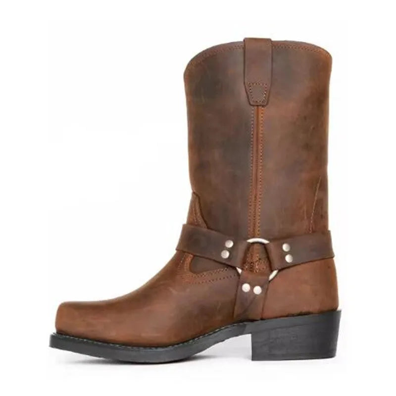 Vintage men's cowboy boots high top with belt buckle ring detail leather sole size 39-48 three styles